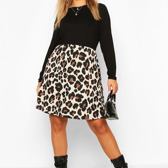BooHoo Leopard Contrast Long Sleeve Smock Dress - Picture 1 of 10